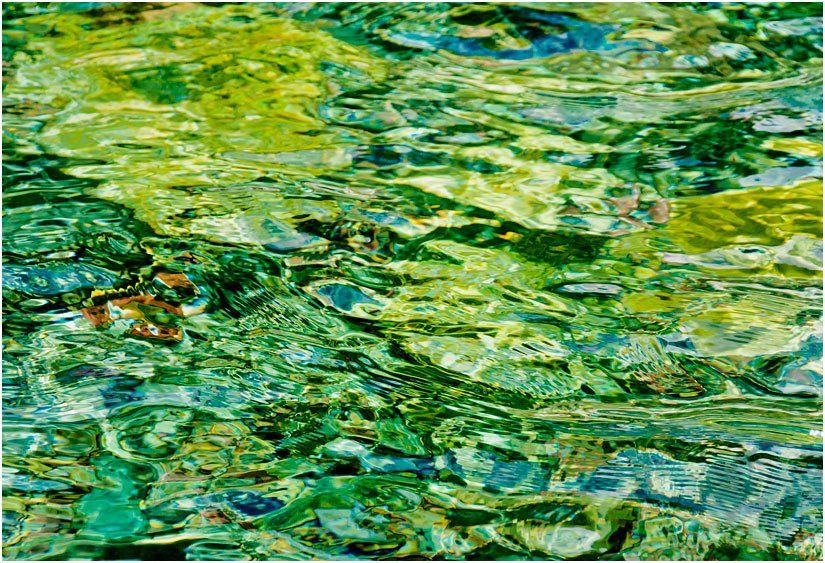 A painting of a river with a lot of green water and rocks.