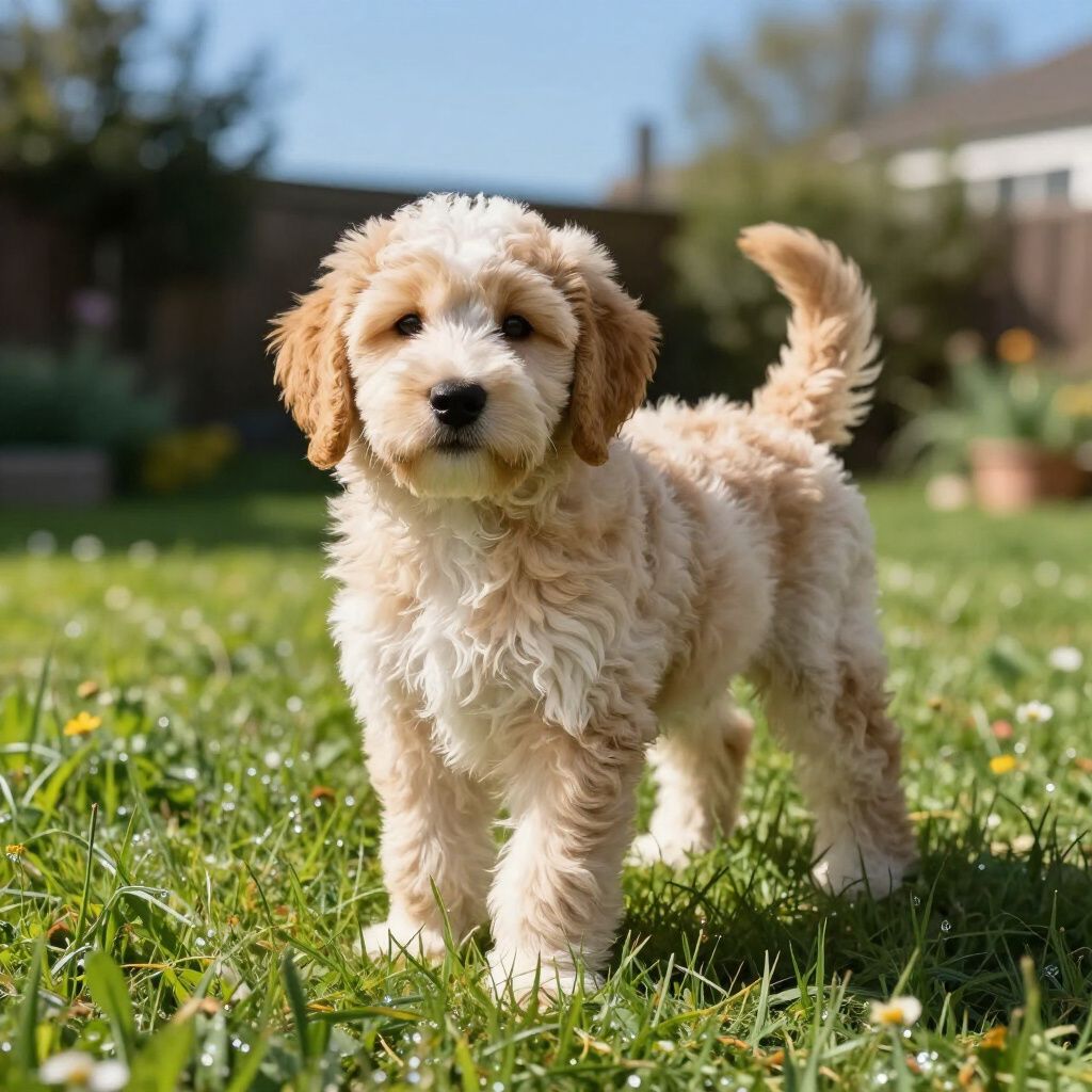 Golden-colored Goldendoodle puppy standing in green grass, looking forward with a slight tilt of its head.