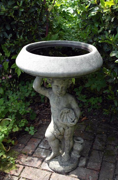 stone garden statue cherub stand birdbath