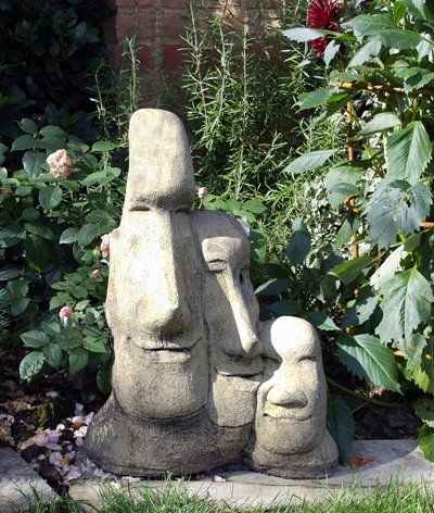 triple easter island heads stone garden statue