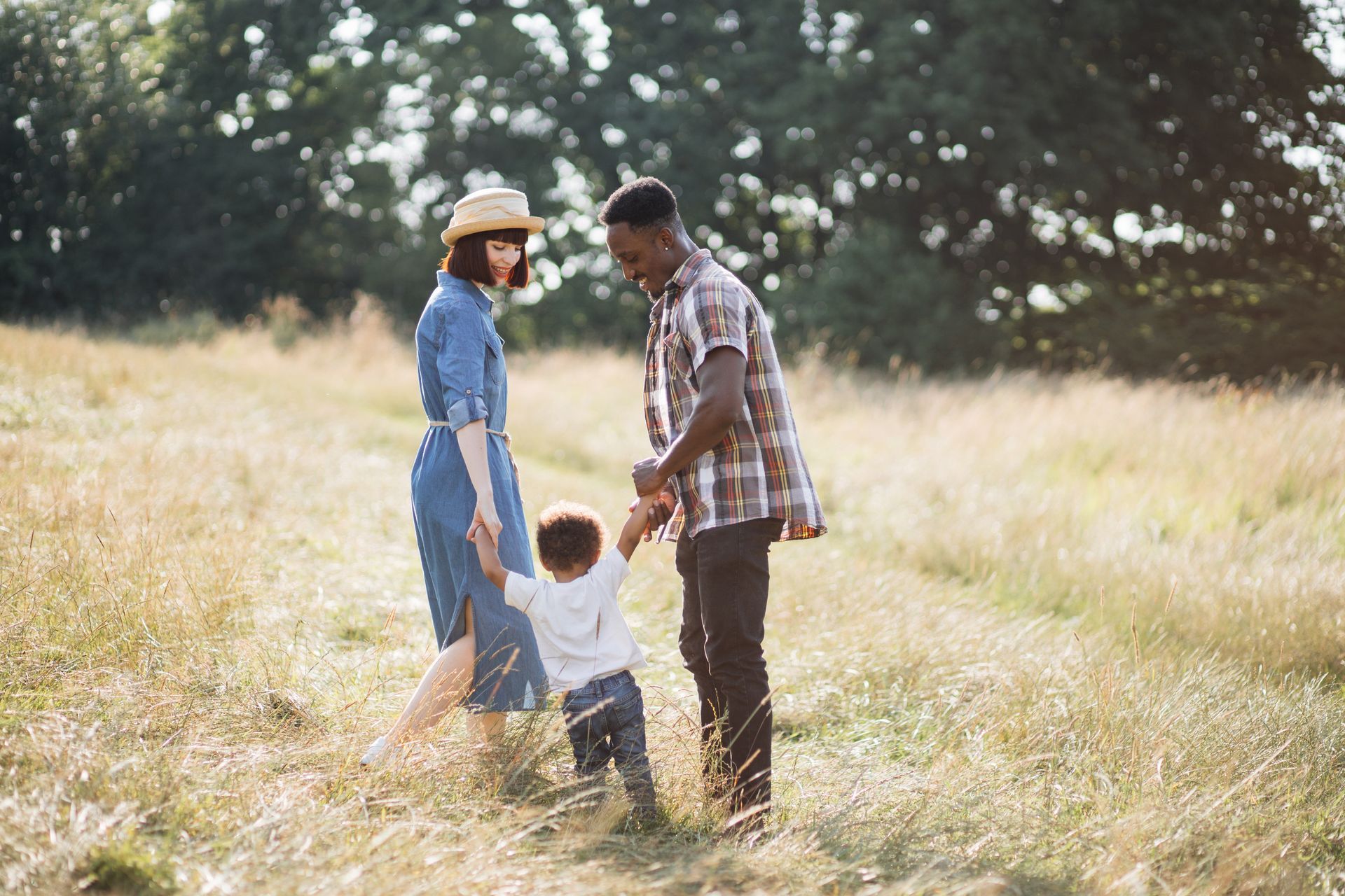 Family walking in a grassy field. Woman in blue dress, man in plaid shirt holding a child's hands. Sunlight.