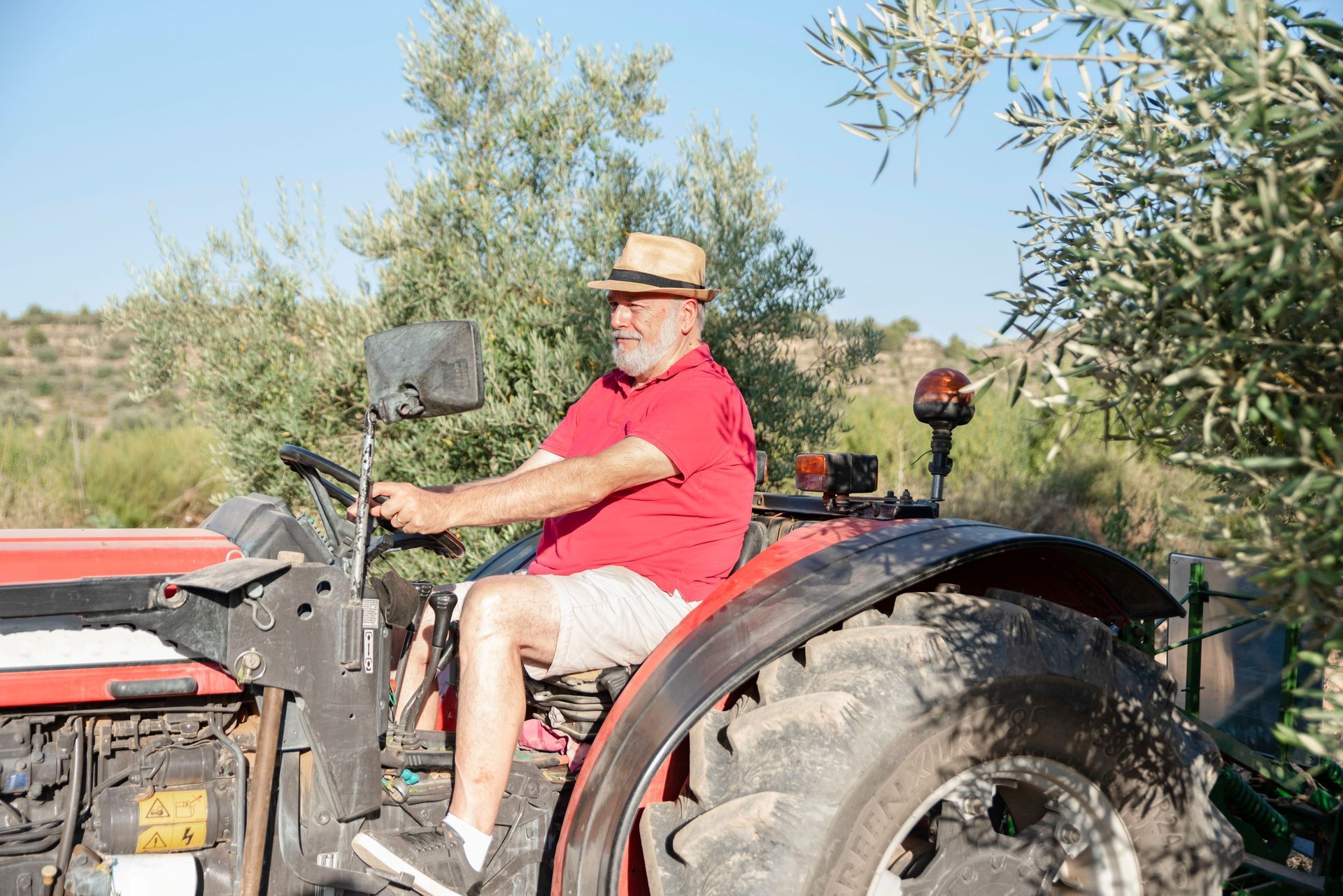Man in straw hat driving a red tractor in a rural field setting.