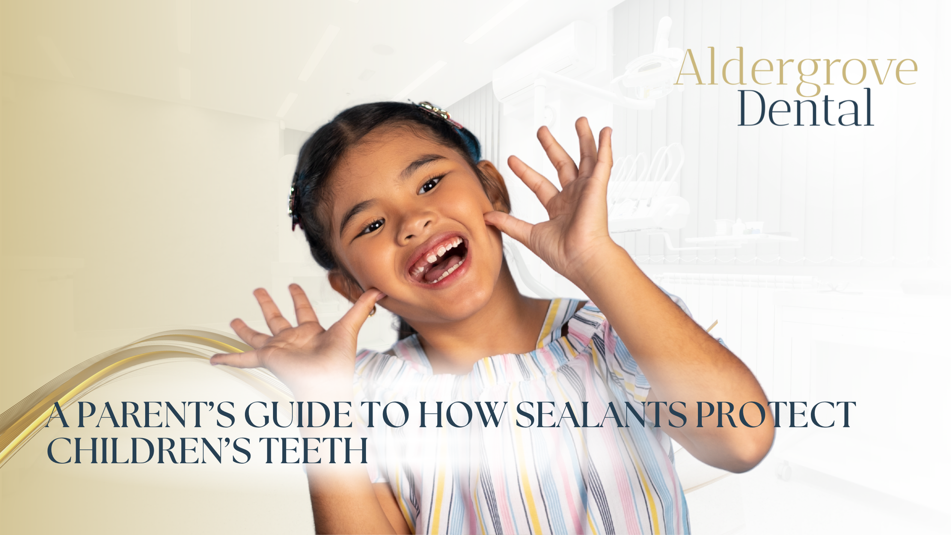 Smiling child showing teeth, with text: