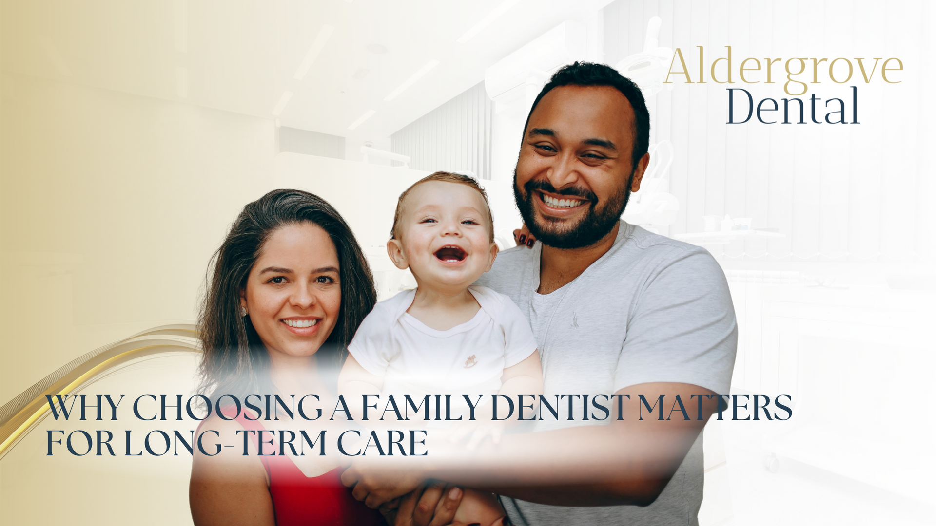 Happy family with baby at a dental practice. Text: 