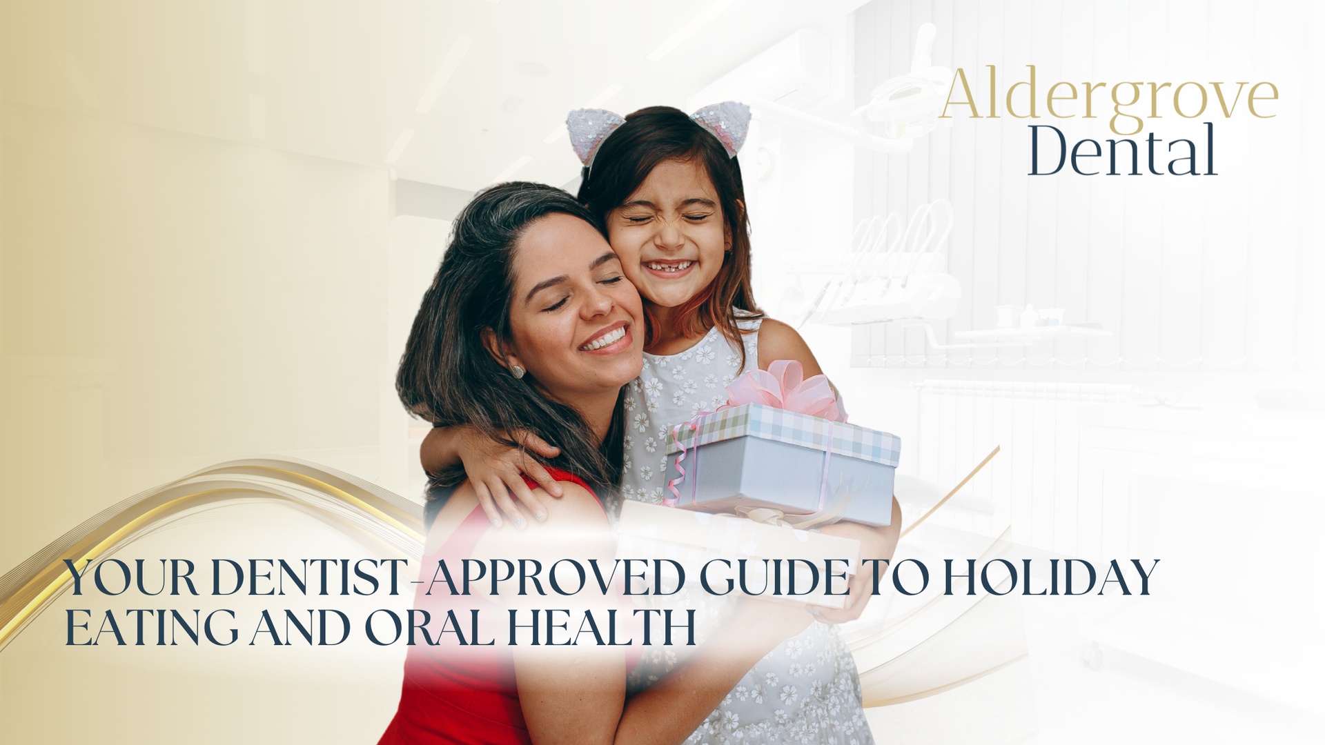 Woman and child embracing, smiling, holding a gift. Text: Holiday eating and oral health.