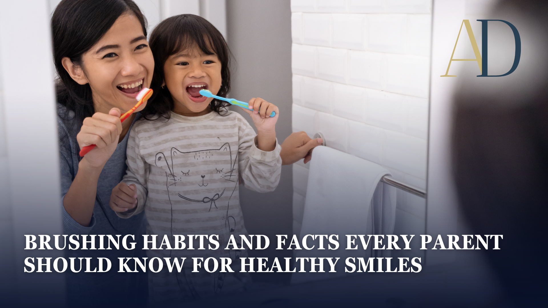 A woman and a child are brushing their teeth together.