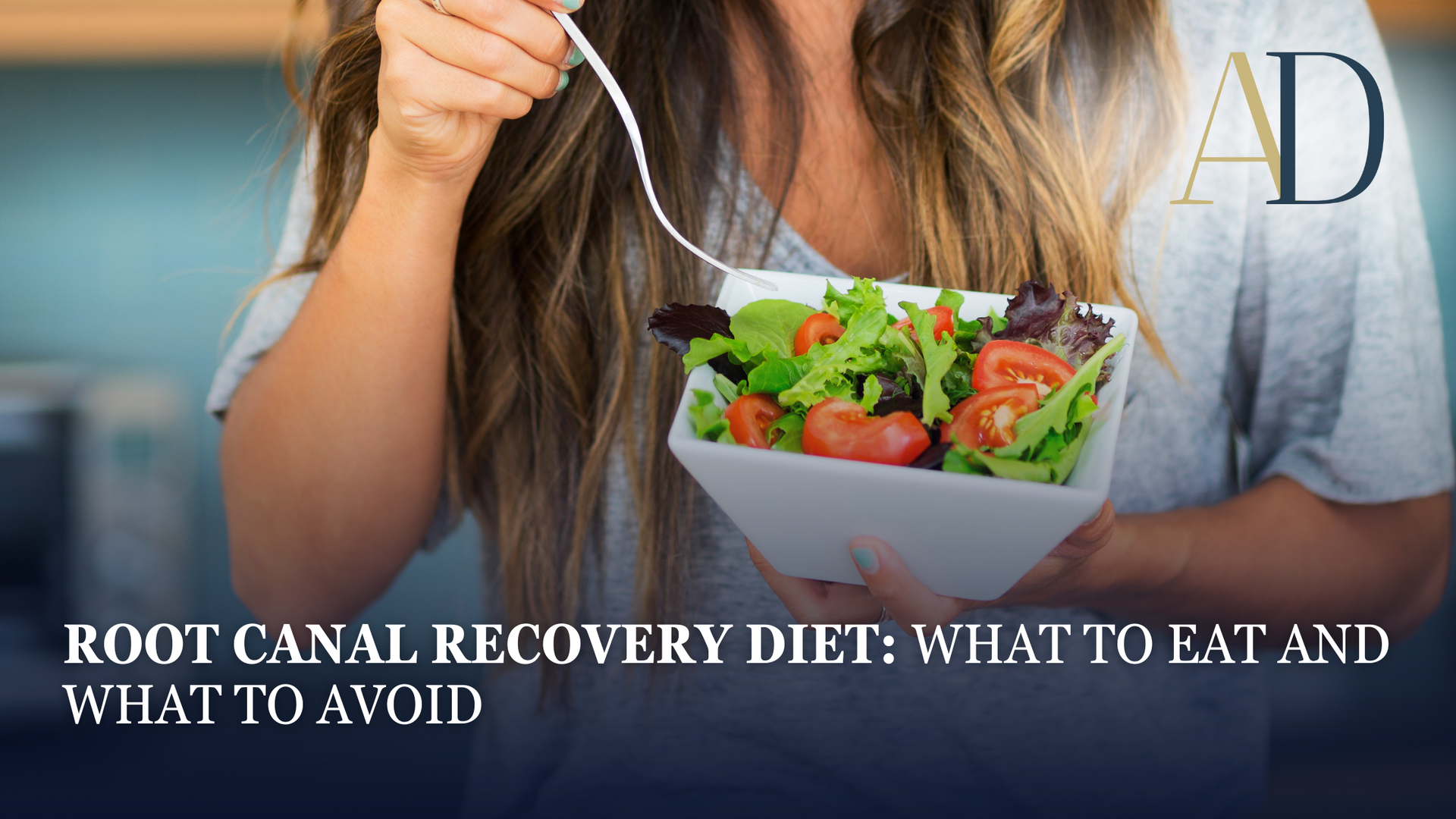 A woman is eating a salad from a bowl with a fork.