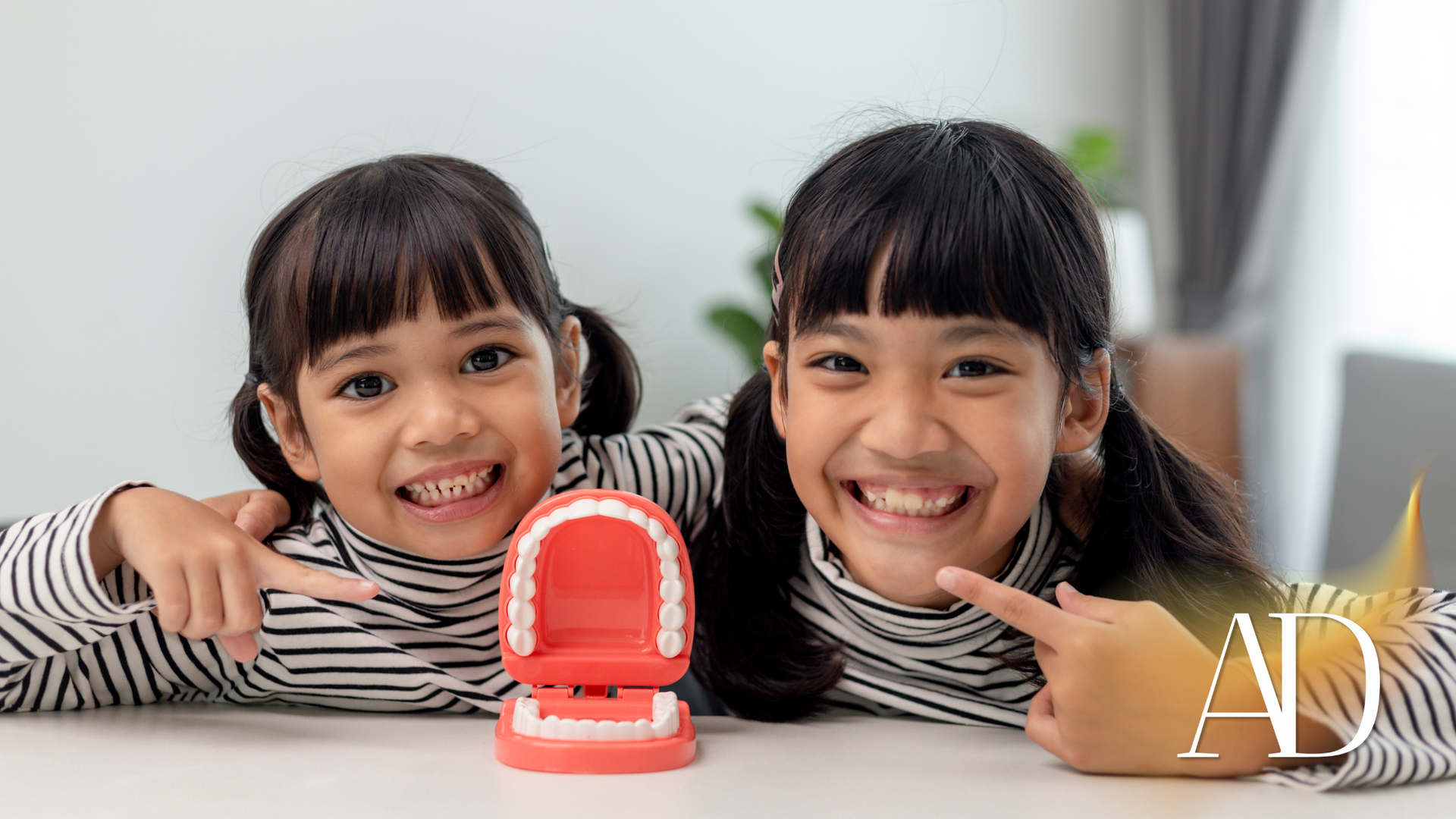 Two little girls are sitting at a table with a model of teeth.