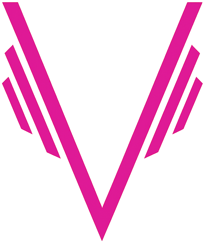 Pink stylized letter "V" with wing-like angled bars on each side.