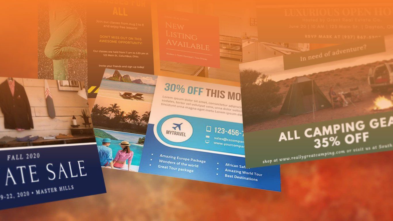 Promotional flyers for sales and discounts. Includes outdoor gear, travel, and fall sale.