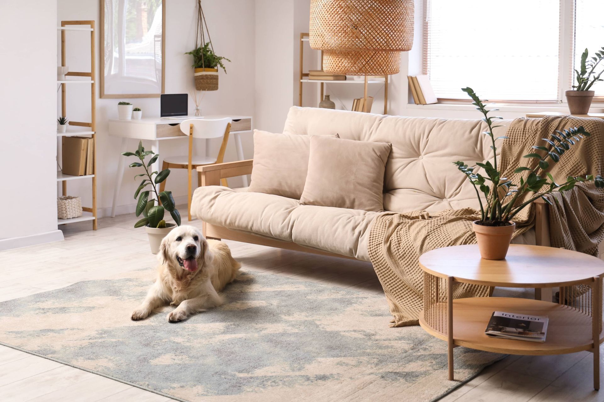 Golden retriever lies on a rug in a sunlit living room with a sofa, plants, and a small round table.
