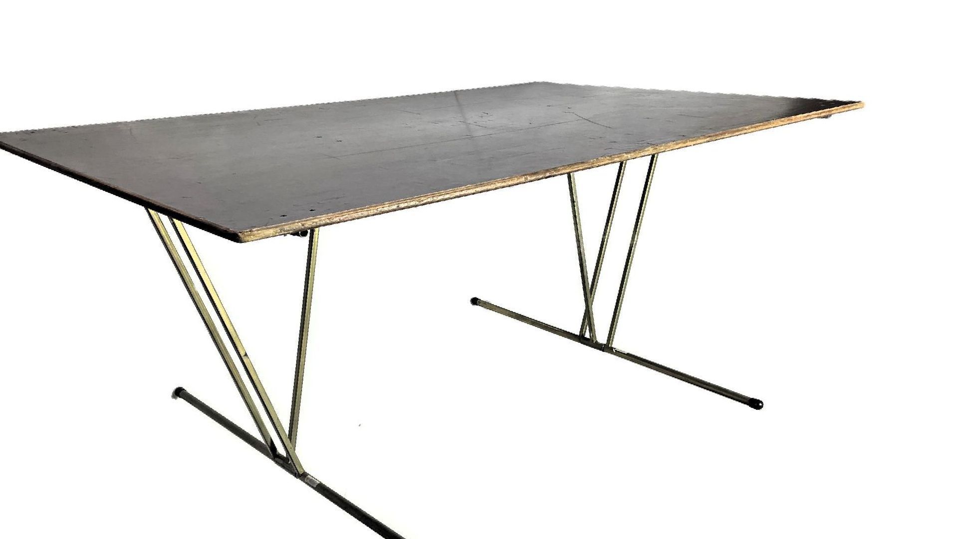 A wooden table with metal legs on a white background.