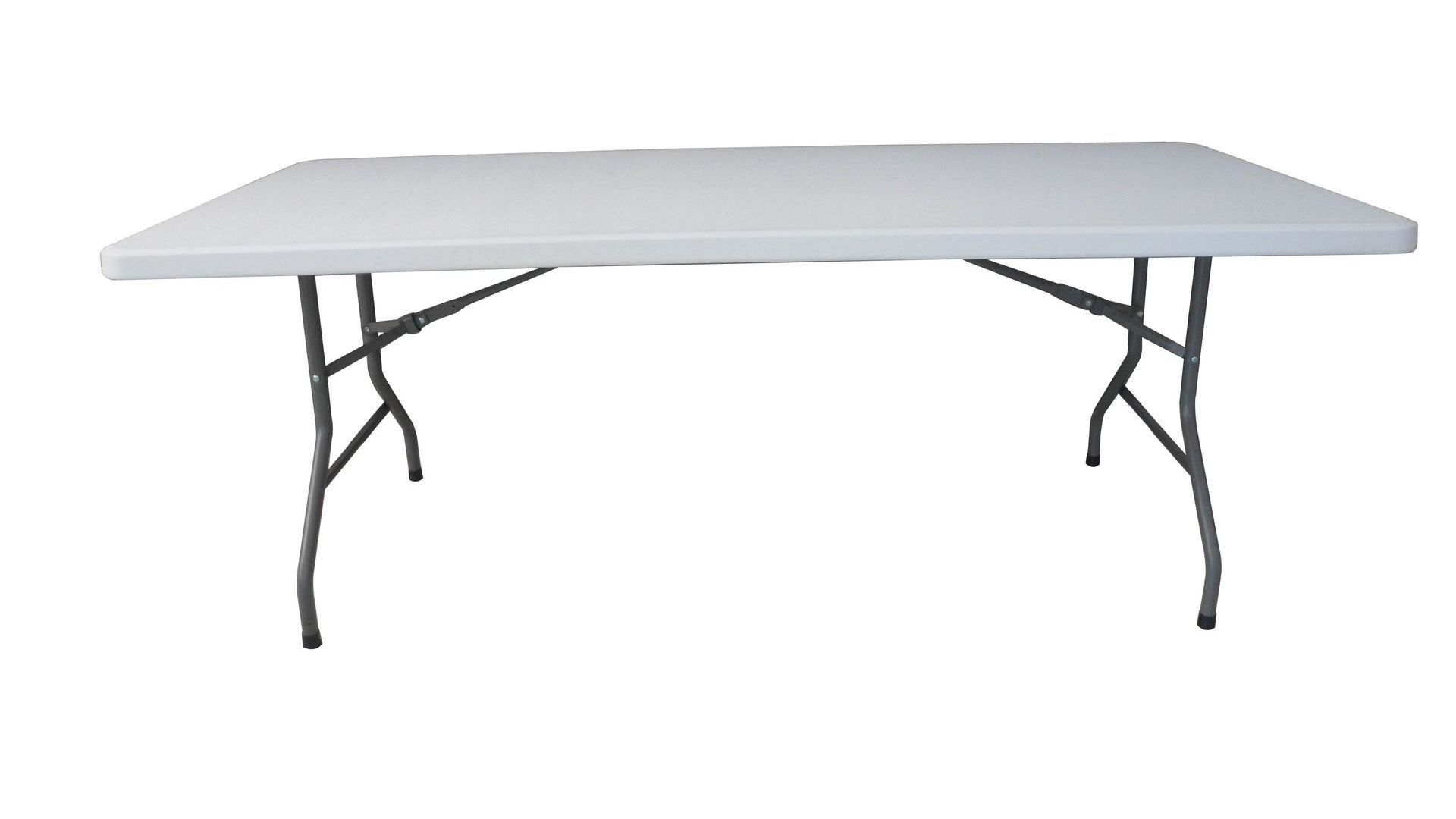 A white folding table with black legs on a white background.