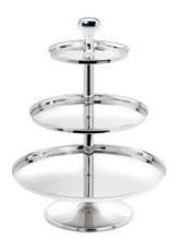 A silver three tiered cake stand on a white background.