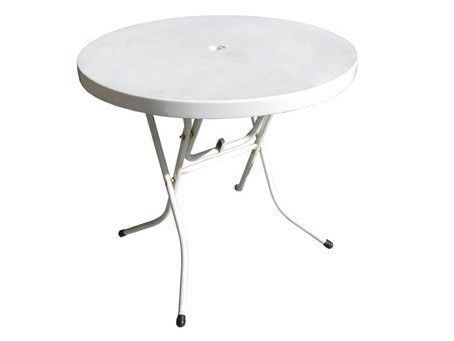 A white plastic folding table with metal legs on a white background.