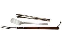 A spatula , fork and tongs on a white background.