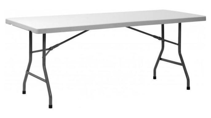 A white folding table with black legs on a white background.