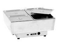 A stainless steel food warmer with four pans and lids.