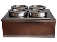 A wooden box filled with stainless steel pots and pans.