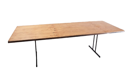 A wooden table with metal legs on a white background