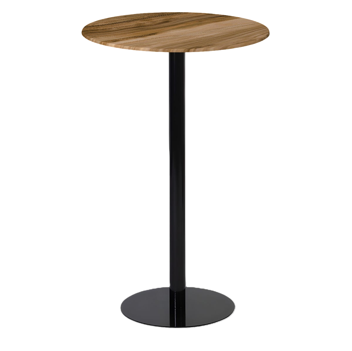 A round table with a wooden top and a white base.