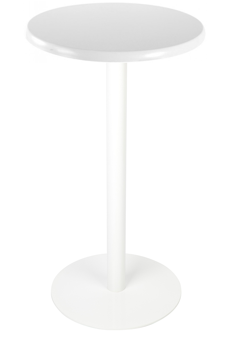 A white table with a round top and a white base on a white background.