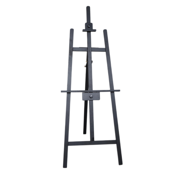 A black wooden easel with a white background
