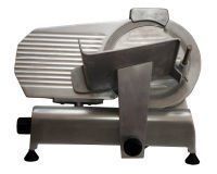 A stainless steel meat slicer on a white background.