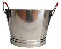 A stainless steel bucket with red handles on a white background.