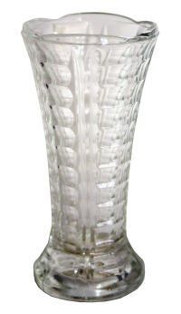 A clear glass vase with a pattern on it on a white background.