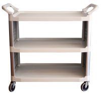 A white plastic cart with three shelves and wheels on a white background.