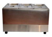 A stainless steel food warmer with three pans on a white background.