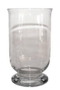 A clear glass vase filled with water on a white background.