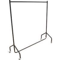 A black clothes rack with wheels on a white background.