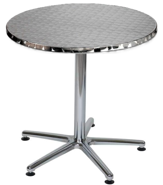 A round stainless steel table with a chrome base