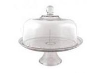 A clear glass cake stand with a clear glass dome.