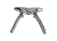 A close up of a pair of scissors on a white background.