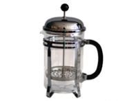 A french press coffee maker with a handle on a white background.