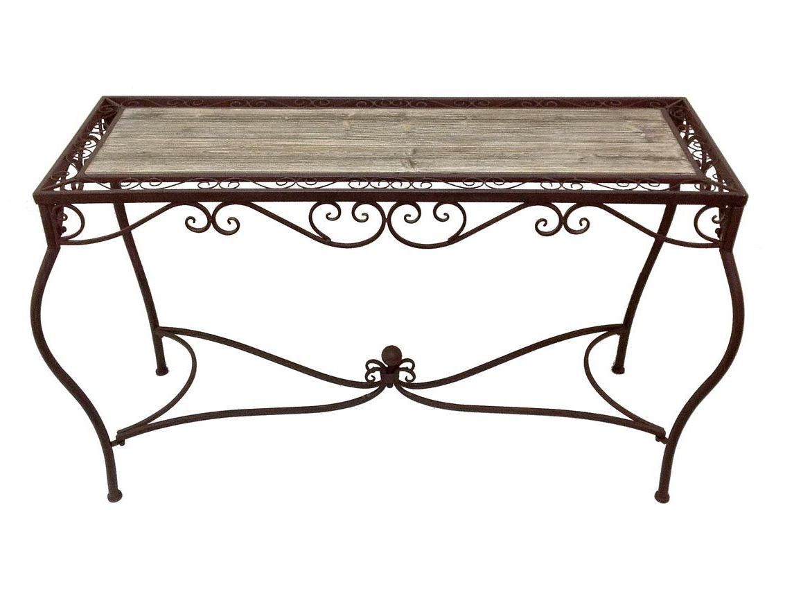 A wrought iron table with a wooden top on a white background