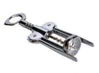 A close up of a corkscrew on a white background.