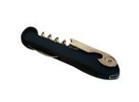 A close up of a black corkscrew on a white background.