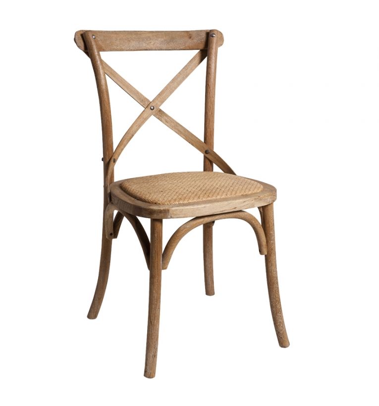 A wooden chair with a wicker seat on a white background.