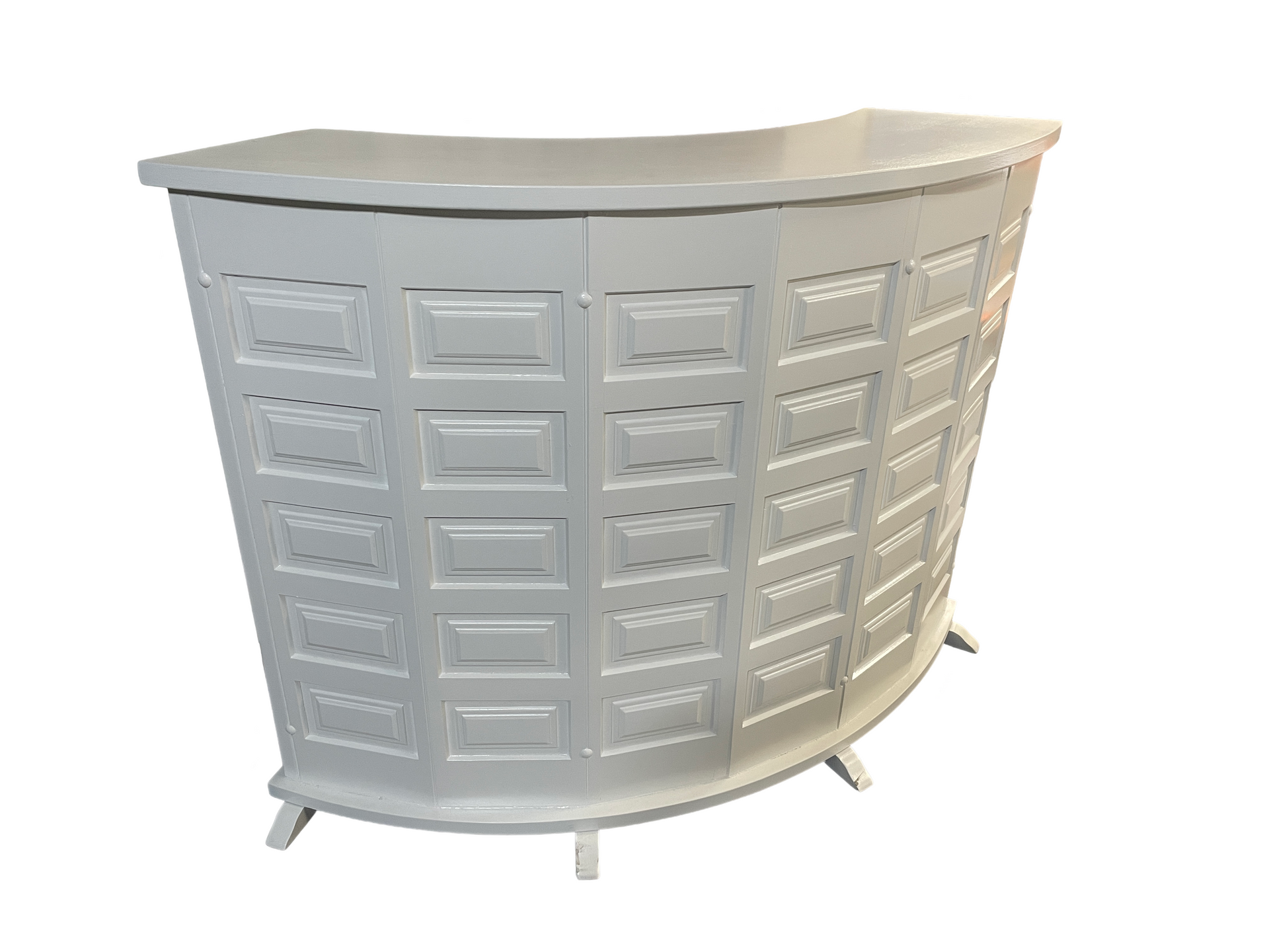 A white cabinet with a curved top on a white background.