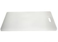 A white plastic cutting board with a handle on a white background.