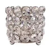 A silver candle holder with clear crystals on a white background.