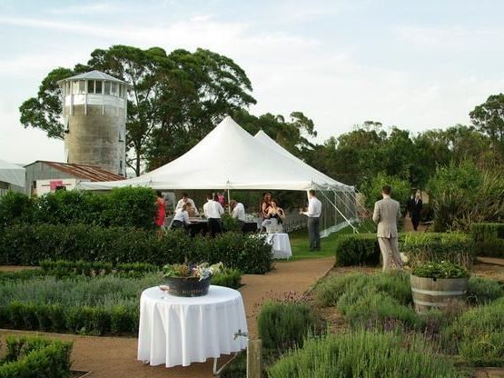 A white tent is sitting in the middle of a garden