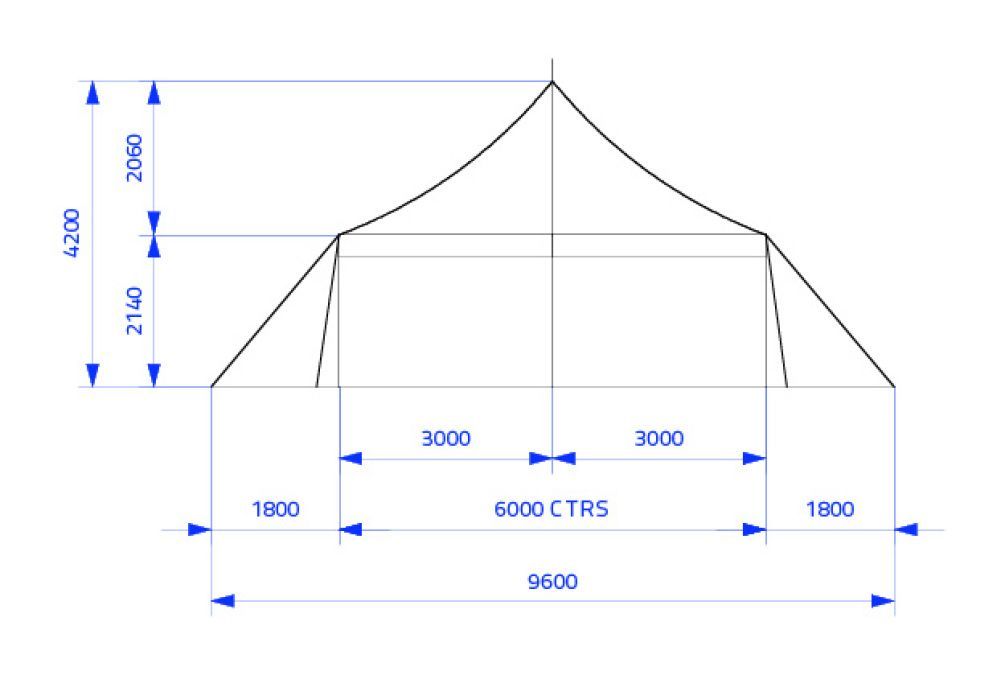 A drawing of a tent with measurements on a white background.