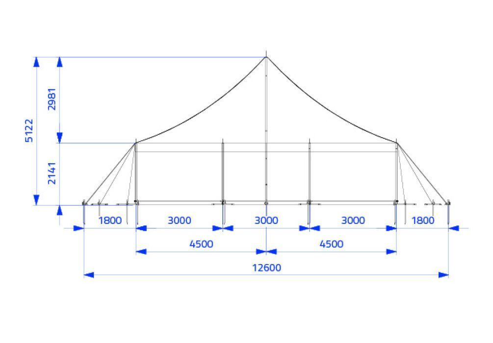 A drawing of a tent with measurements on a white background.