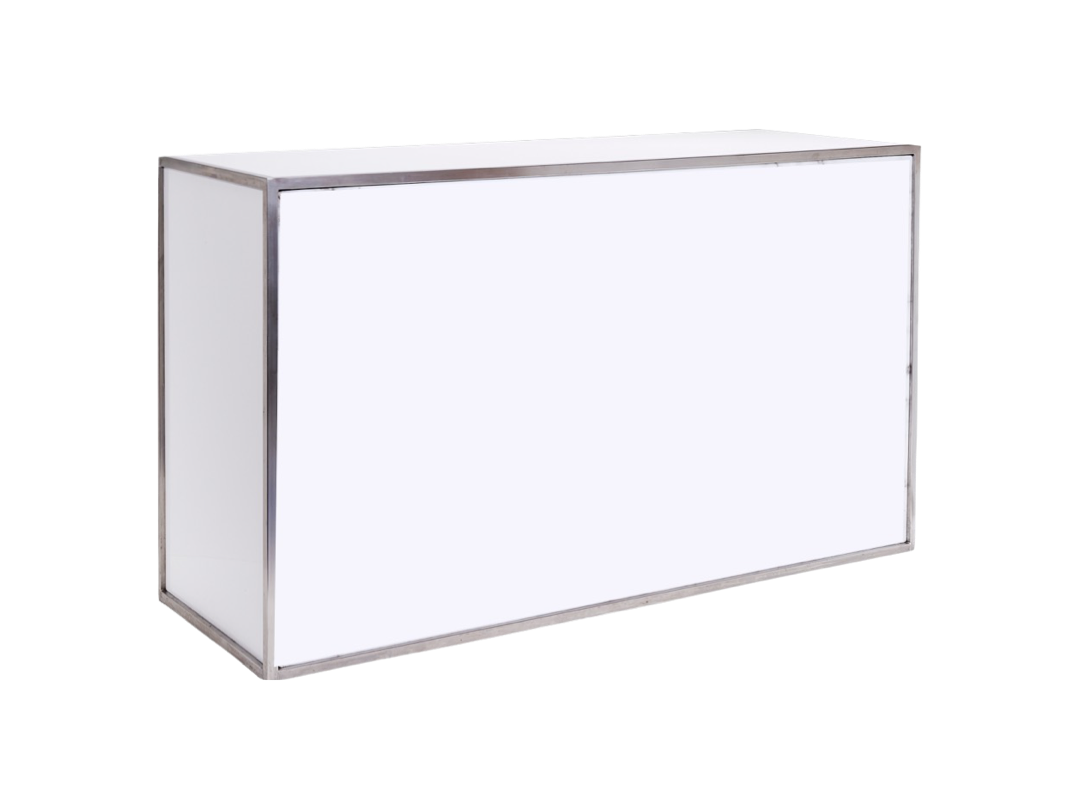 A white rectangle with a metal frame on a white background.