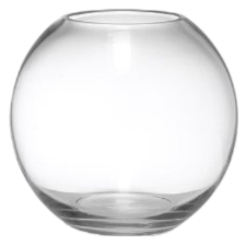 A clear glass fish bowl on a white background.